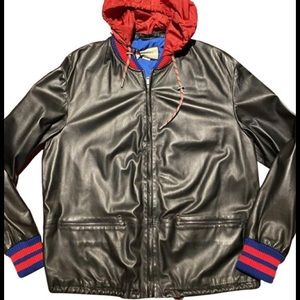 Gucci Leather Bomber Jacket With Removable Hood